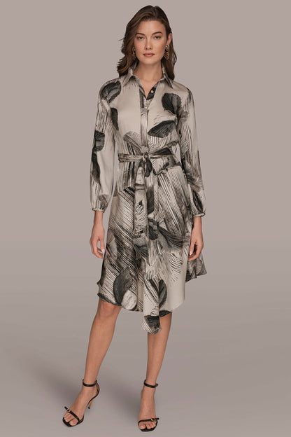 FLORAL ASYMMETRIC MIDI A-LINE SHIRT DRESS - Black/Vellum