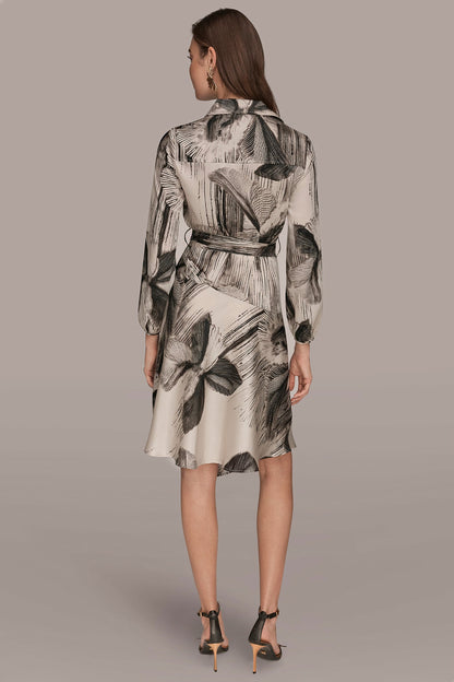 FLORAL ASYMMETRIC MIDI A-LINE SHIRT DRESS - Black/Vellum