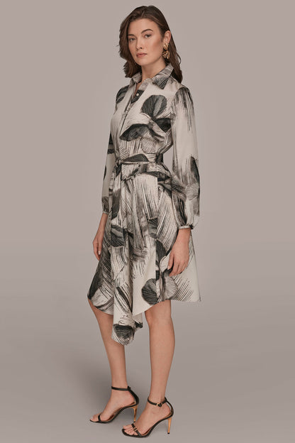 FLORAL ASYMMETRIC MIDI A-LINE SHIRT DRESS - Black/Vellum