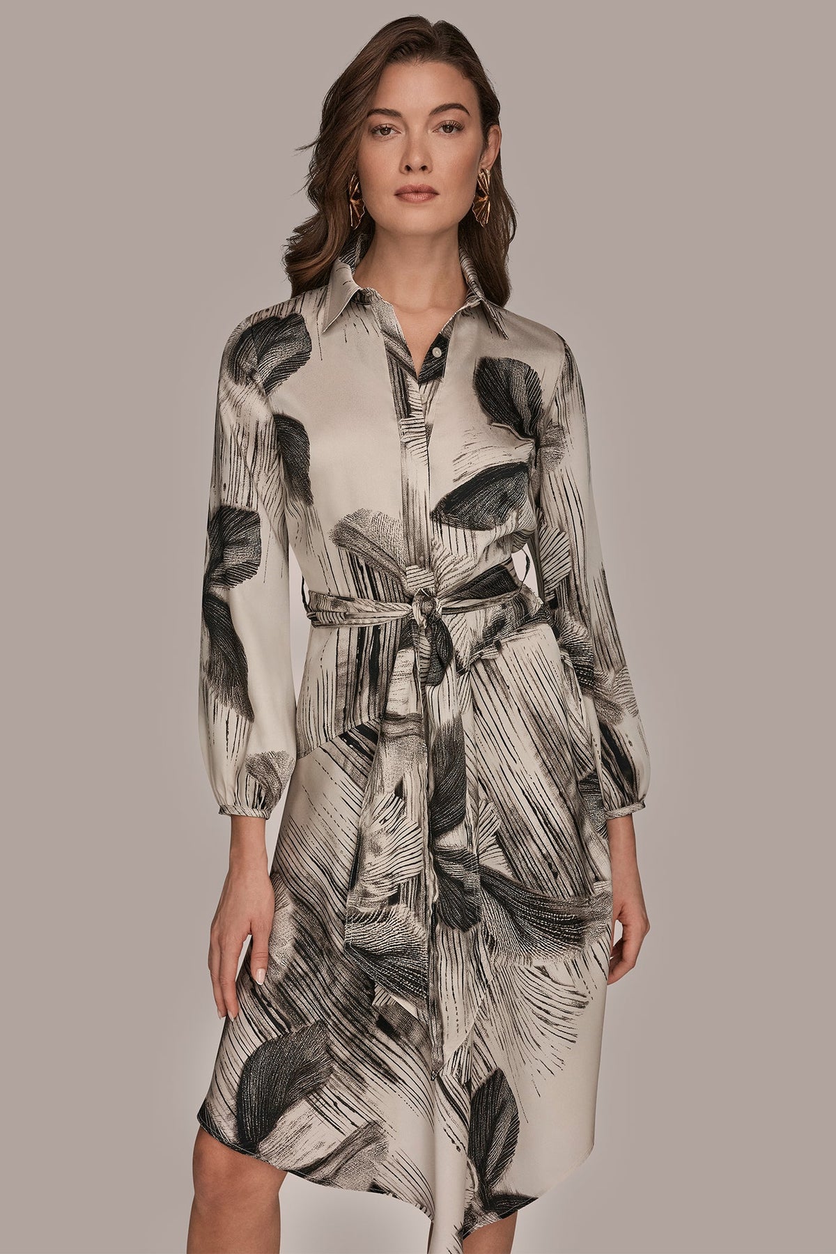 FLORAL ASYMMETRIC MIDI A-LINE SHIRT DRESS - Black/Vellum