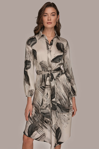 FLORAL ASYMMETRIC MIDI A-LINE SHIRT DRESS - Black/Vellum