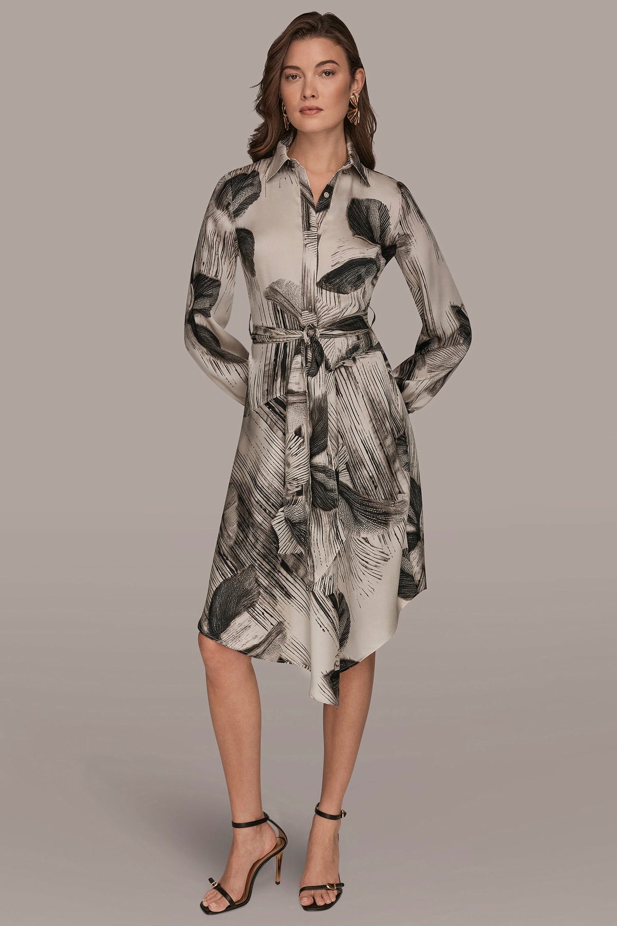 FLORAL ASYMMETRIC MIDI A-LINE SHIRT DRESS - Black/Vellum