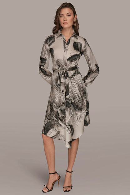 FLORAL ASYMMETRIC MIDI A-LINE SHIRT DRESS - Black/Vellum