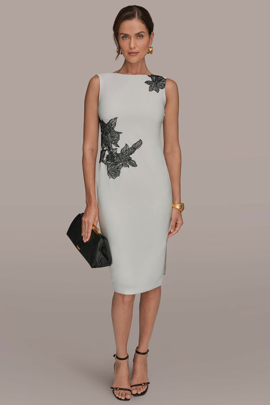 FLORAL APPLIQUÉ SLEEVELESS COWL-BACK SHEATH DRESS - Cream/Black