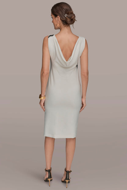 FLORAL APPLIQUÉ SLEEVELESS COWL-BACK SHEATH DRESS - Cream/Black
