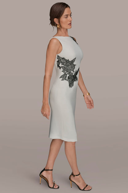 FLORAL APPLIQUÉ SLEEVELESS COWL-BACK SHEATH DRESS - Cream/Black