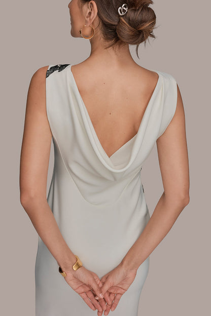 FLORAL APPLIQUÉ SLEEVELESS COWL-BACK SHEATH DRESS - Cream/Black