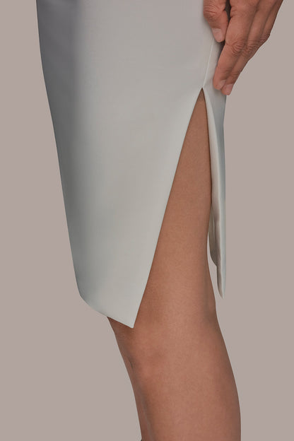 FLORAL APPLIQUÉ SLEEVELESS COWL-BACK SHEATH DRESS - Cream/Black