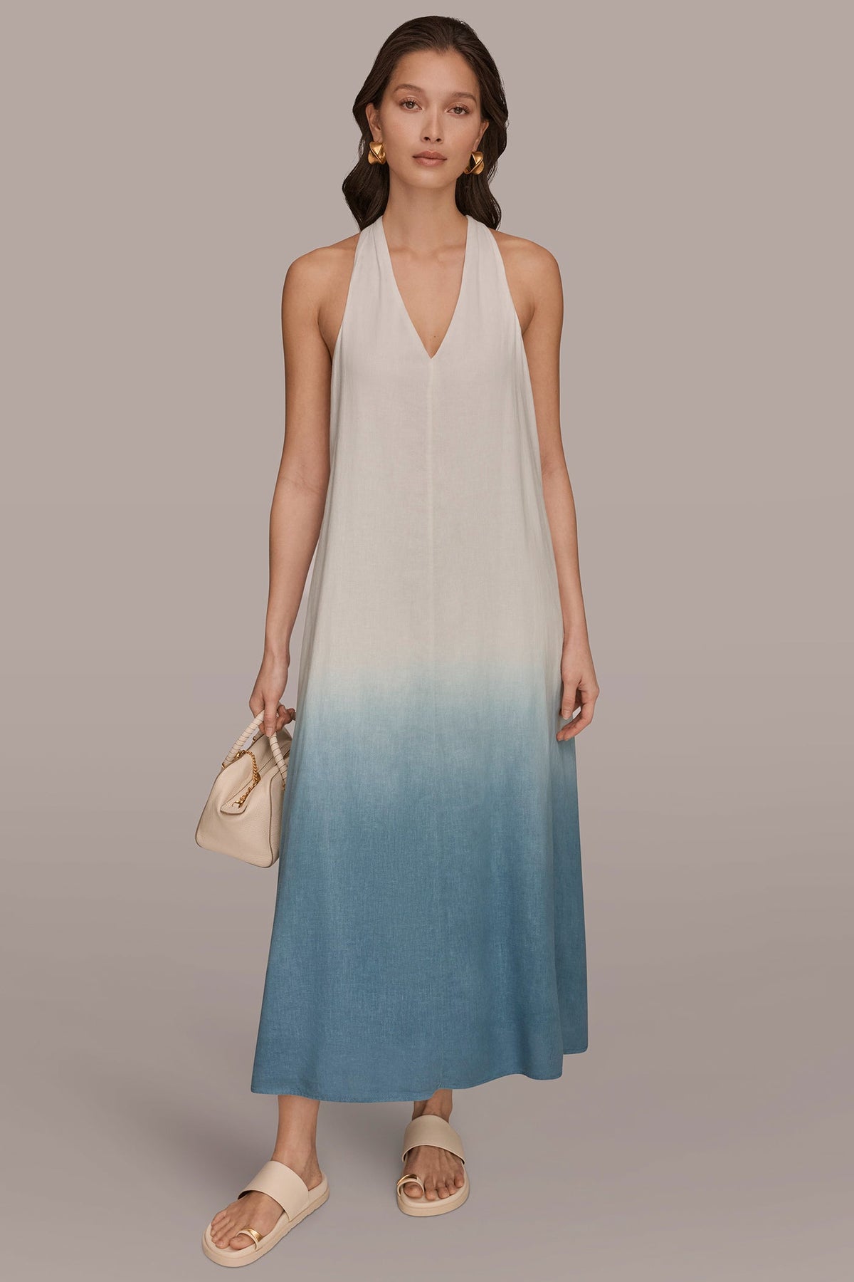 LINEN-BLEND SLEEVELESS OMBRÉ TWIST-BACK MIDI HALTER DRESS - Washed Indigo Dip Dye