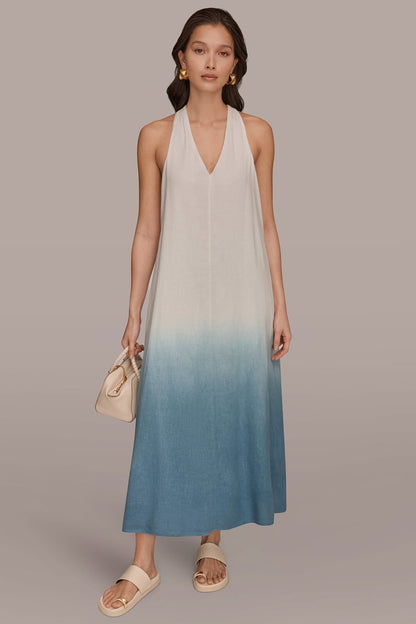 LINEN-BLEND SLEEVELESS OMBRÉ TWIST-BACK MIDI HALTER DRESS - Washed Indigo Dip Dye