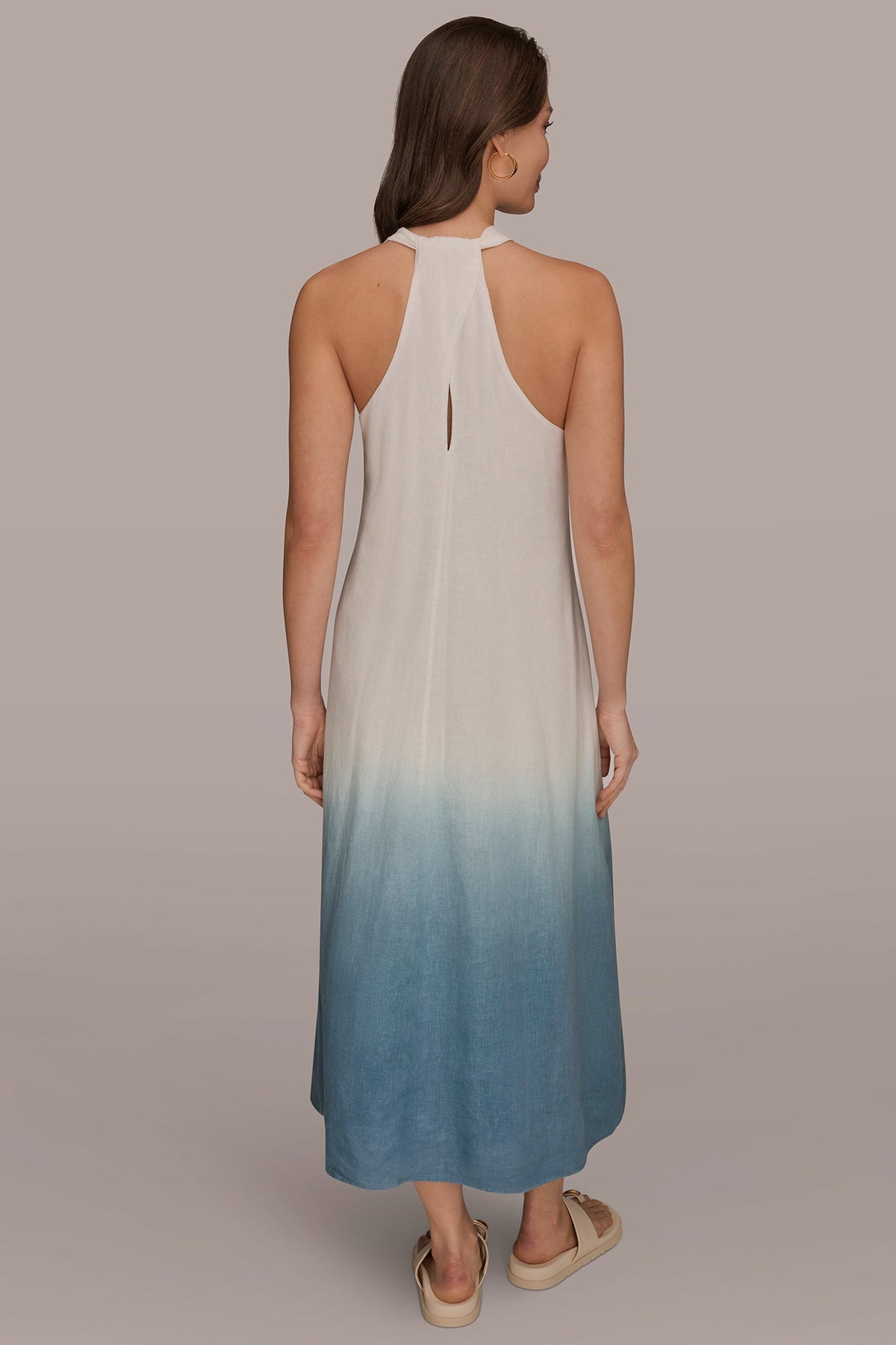 LINEN-BLEND SLEEVELESS OMBRÉ TWIST-BACK MIDI HALTER DRESS - Washed Indigo Dip Dye