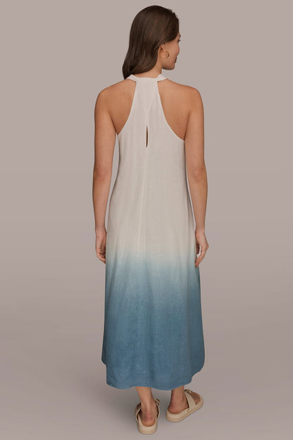 LINEN-BLEND SLEEVELESS OMBRÉ TWIST-BACK MIDI HALTER DRESS - Washed Indigo Dip Dye