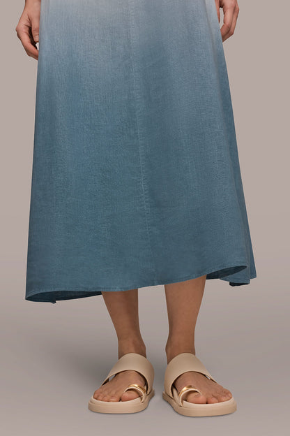 LINEN-BLEND SLEEVELESS OMBRÉ TWIST-BACK MIDI HALTER DRESS - Washed Indigo Dip Dye