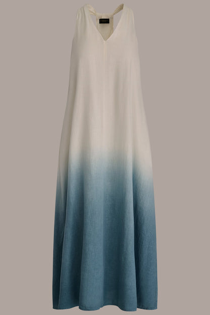 LINEN-BLEND SLEEVELESS OMBRÉ TWIST-BACK MIDI HALTER DRESS - Washed Indigo Dip Dye
