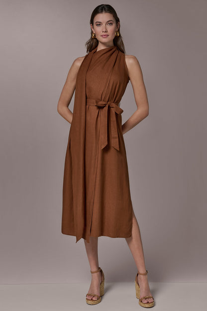 SLEEVELESS SCARF MIDI A-LINE DRESS - Cognac