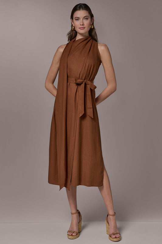 SLEEVELESS SCARF MIDI A-LINE DRESS - Cognac