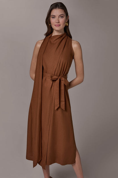 SLEEVELESS SCARF MIDI A-LINE DRESS - Cognac