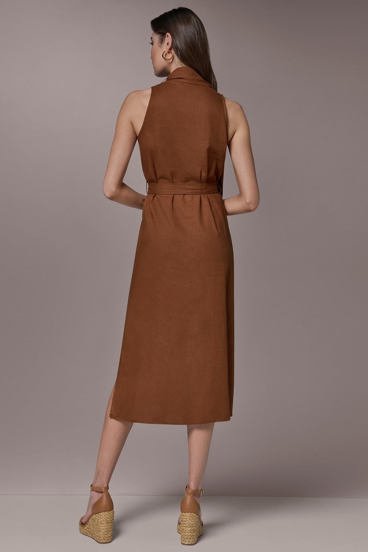 SLEEVELESS SCARF MIDI A-LINE DRESS - Cognac
