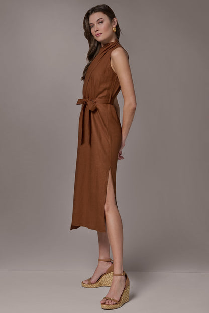 SLEEVELESS SCARF MIDI A-LINE DRESS - Cognac