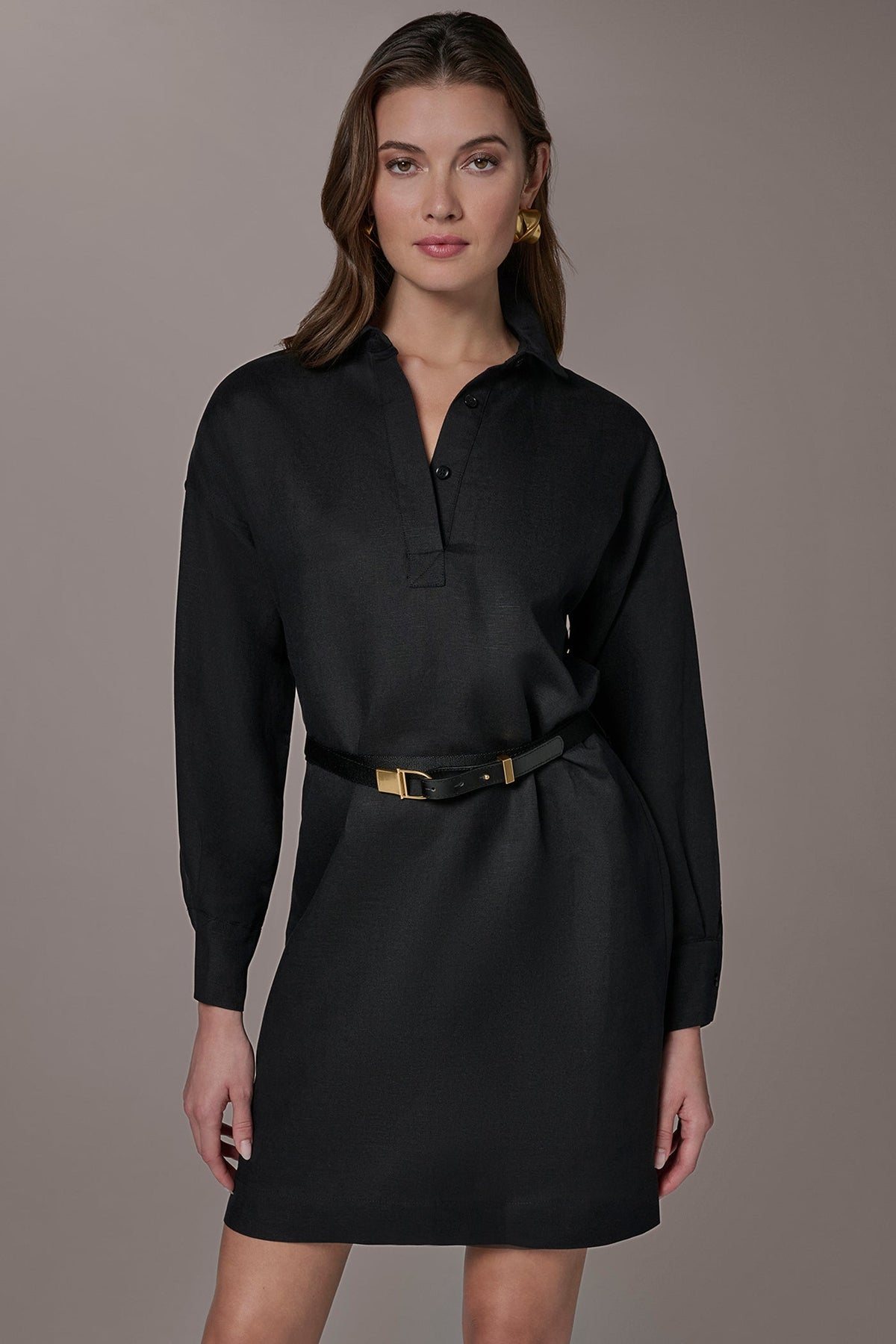 LINEN-BLEND SHIRT DRESS - Black
