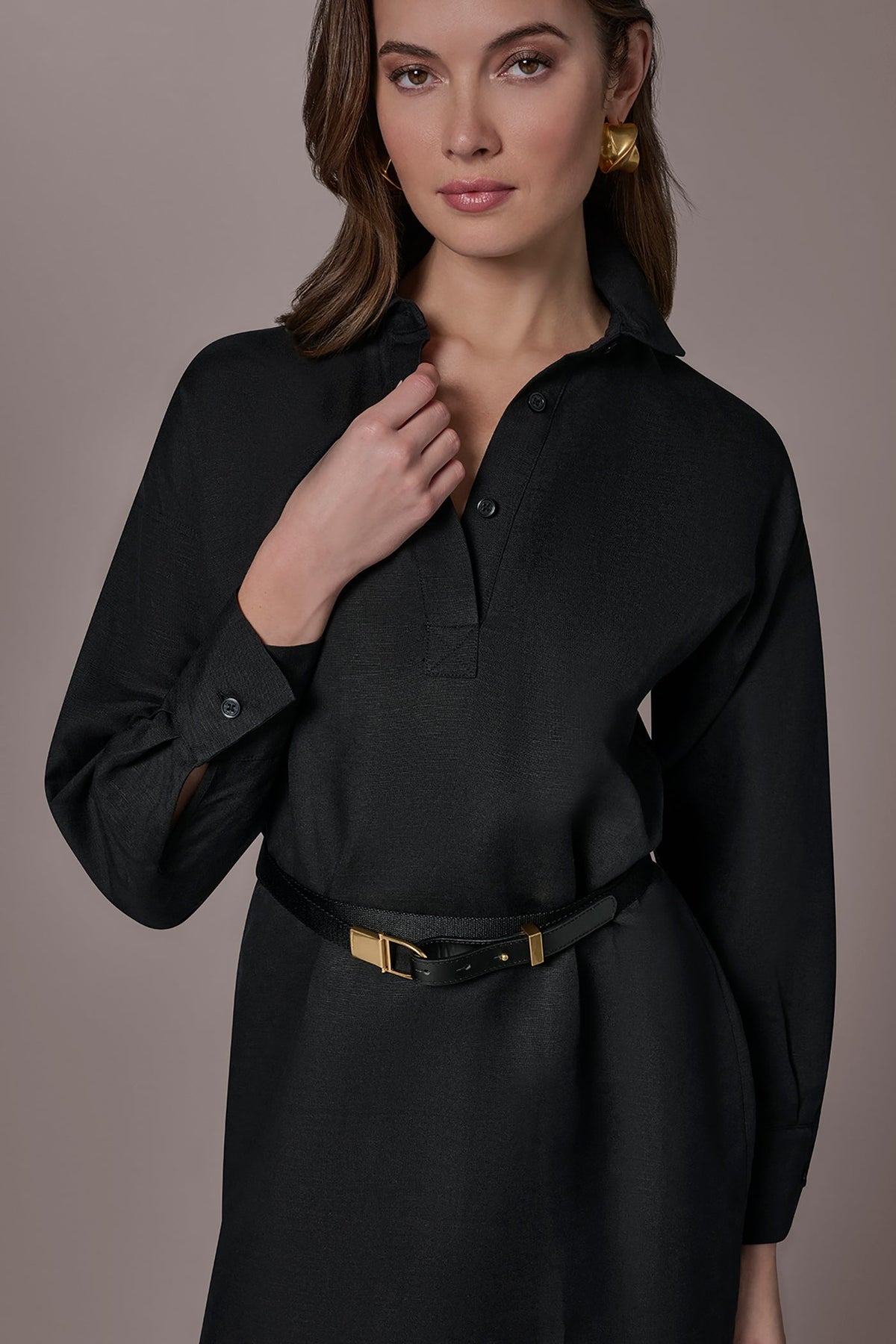 LINEN-BLEND SHIRT DRESS - Black