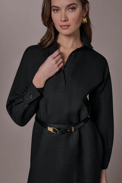 LINEN-BLEND SHIRT DRESS - Black