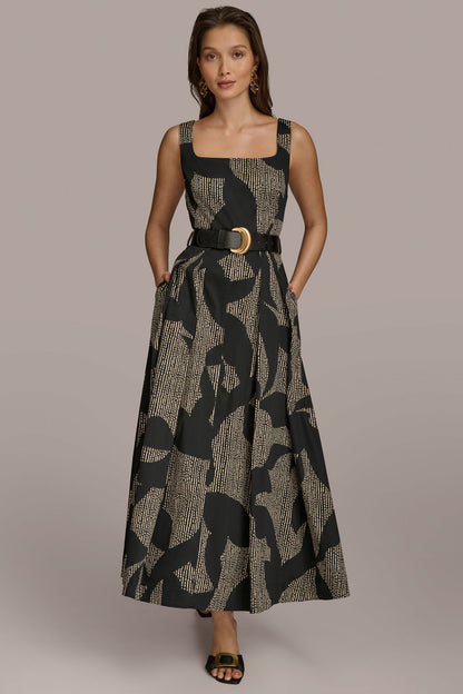 COTTON SLEEVELESS FLORAL MIDI DRESS - Black