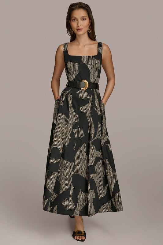 COTTON SLEEVELESS FLORAL MIDI DRESS - Black