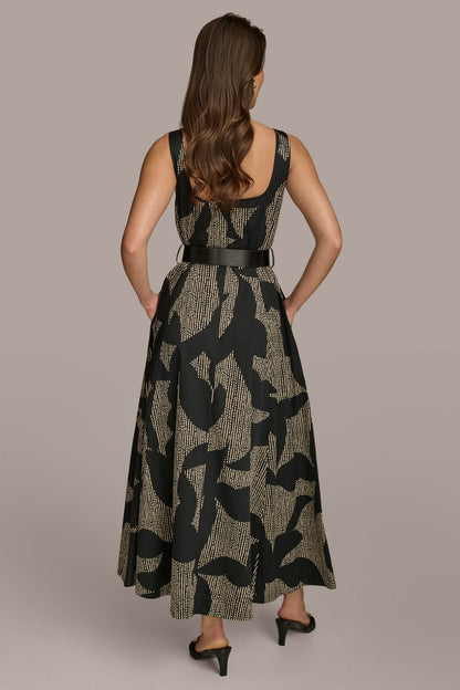 COTTON SLEEVELESS FLORAL MIDI DRESS - Black