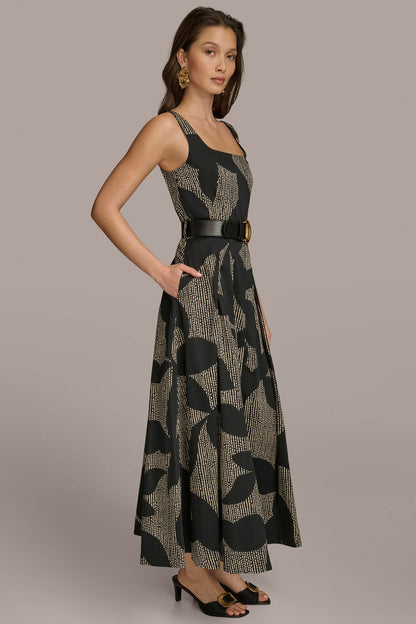 COTTON SLEEVELESS FLORAL MIDI DRESS - Black