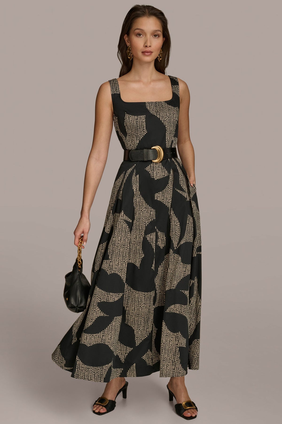 COTTON SLEEVELESS FLORAL MIDI DRESS - Black