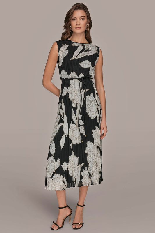 CHIFFON FLORAL MIDI A-LINE DRESS - Black/Fawn/Cream