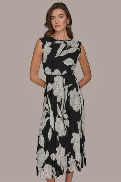 CHIFFON FLORAL MIDI A-LINE DRESS - Black/Fawn/Cream