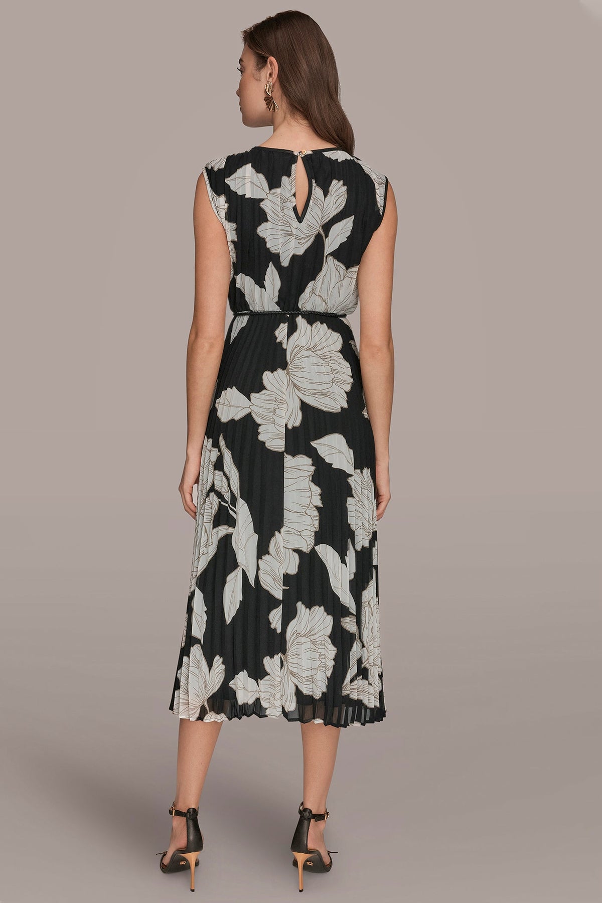 CHIFFON FLORAL MIDI A-LINE DRESS - Black/Fawn/Cream