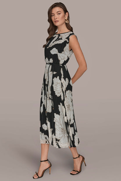 CHIFFON FLORAL MIDI A-LINE DRESS - Black/Fawn/Cream