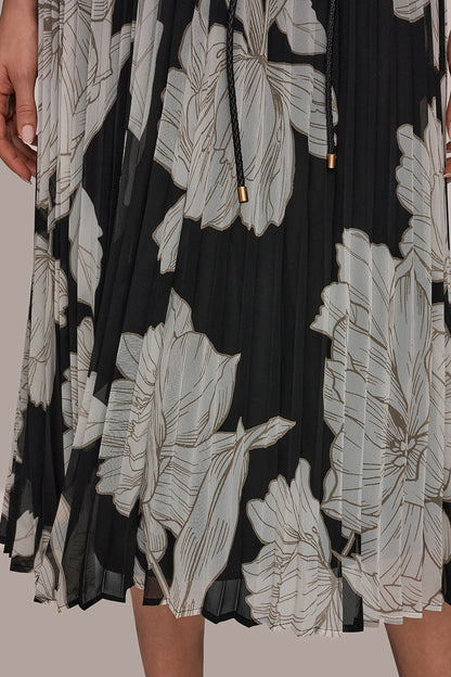 CHIFFON FLORAL MIDI A-LINE DRESS - Black/Fawn/Cream