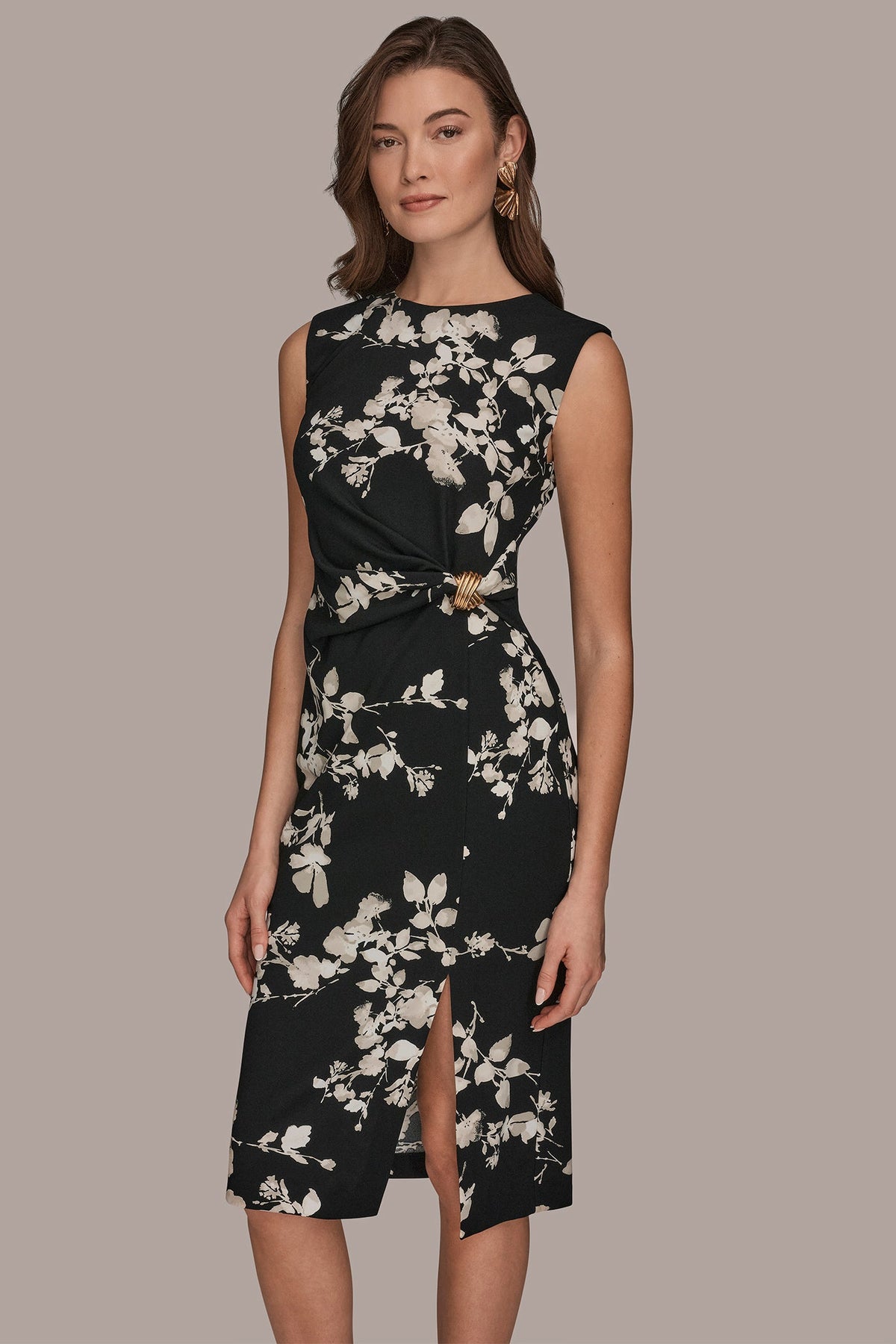 FLORAL SLEEVELESS TWIST-WAIST SHEATH DRESS - BLACK MULTI