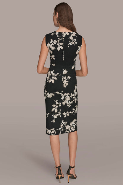 FLORAL SLEEVELESS TWIST-WAIST SHEATH DRESS - BLACK MULTI