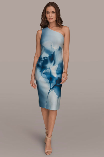 FLORAL ONE-SHOULDER SHEATH DRESS - Washed Indigo Multi