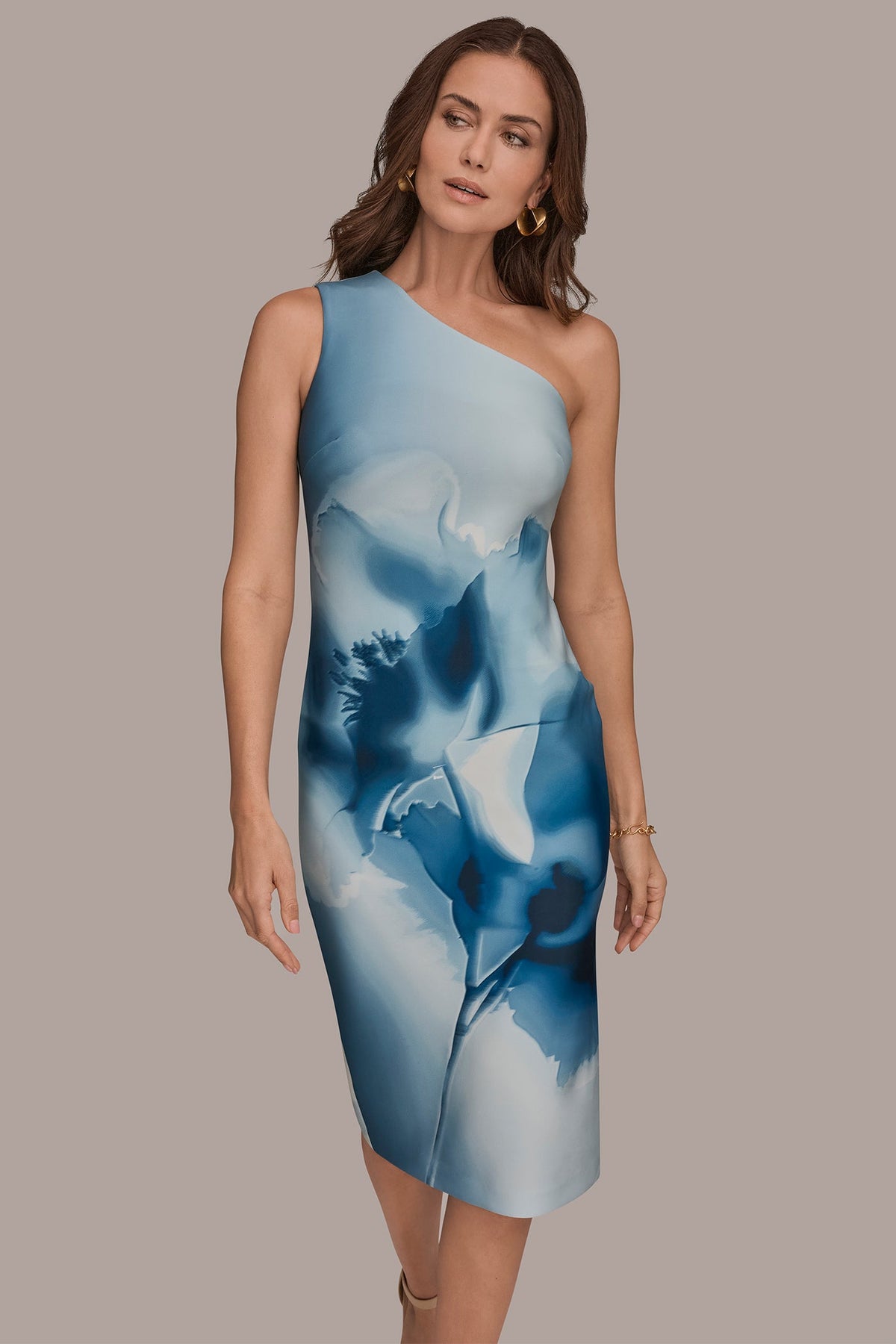 FLORAL ONE-SHOULDER SHEATH DRESS - Washed Indigo Multi