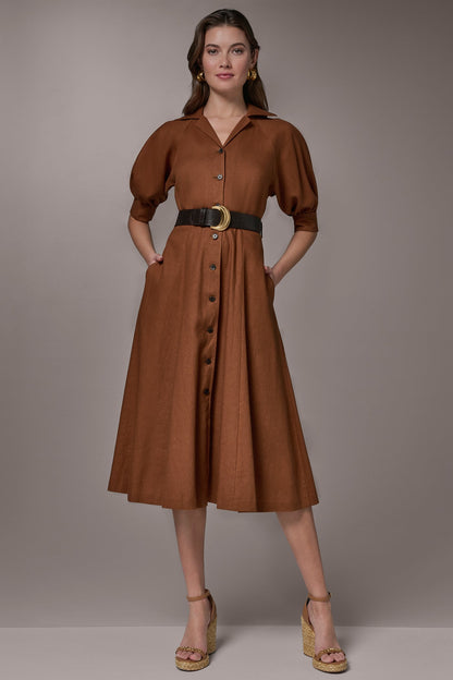 LINEN-BLEND MIDI SHIRT DRESS - Cognac