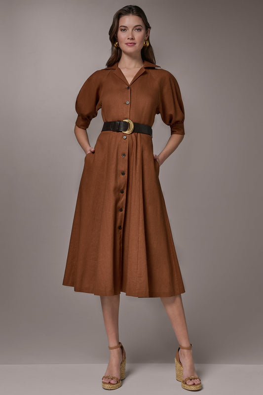 LINEN-BLEND MIDI SHIRT DRESS - Cognac