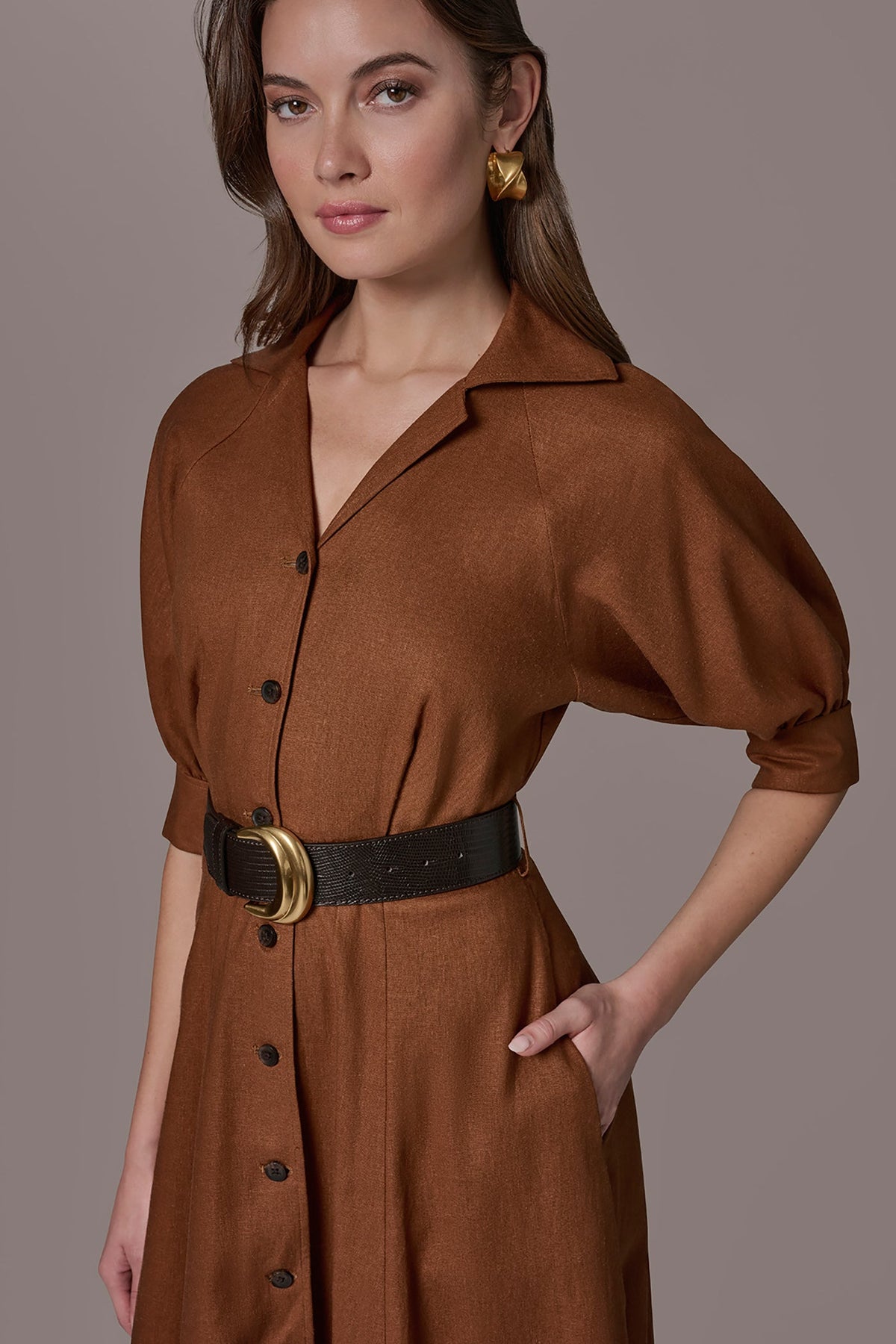 LINEN-BLEND MIDI SHIRT DRESS - Cognac