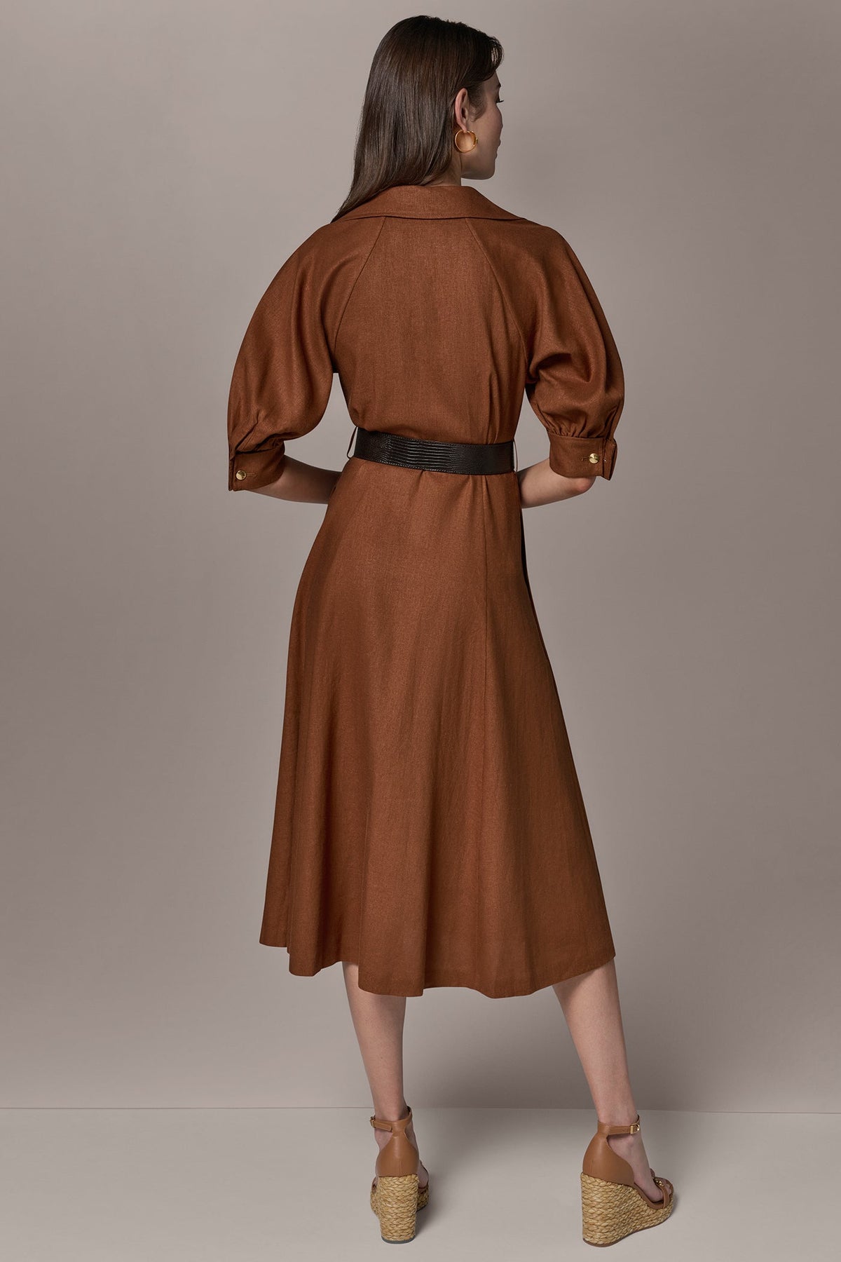 LINEN-BLEND MIDI SHIRT DRESS - Cognac