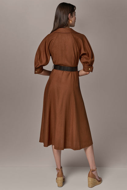 LINEN-BLEND MIDI SHIRT DRESS - Cognac