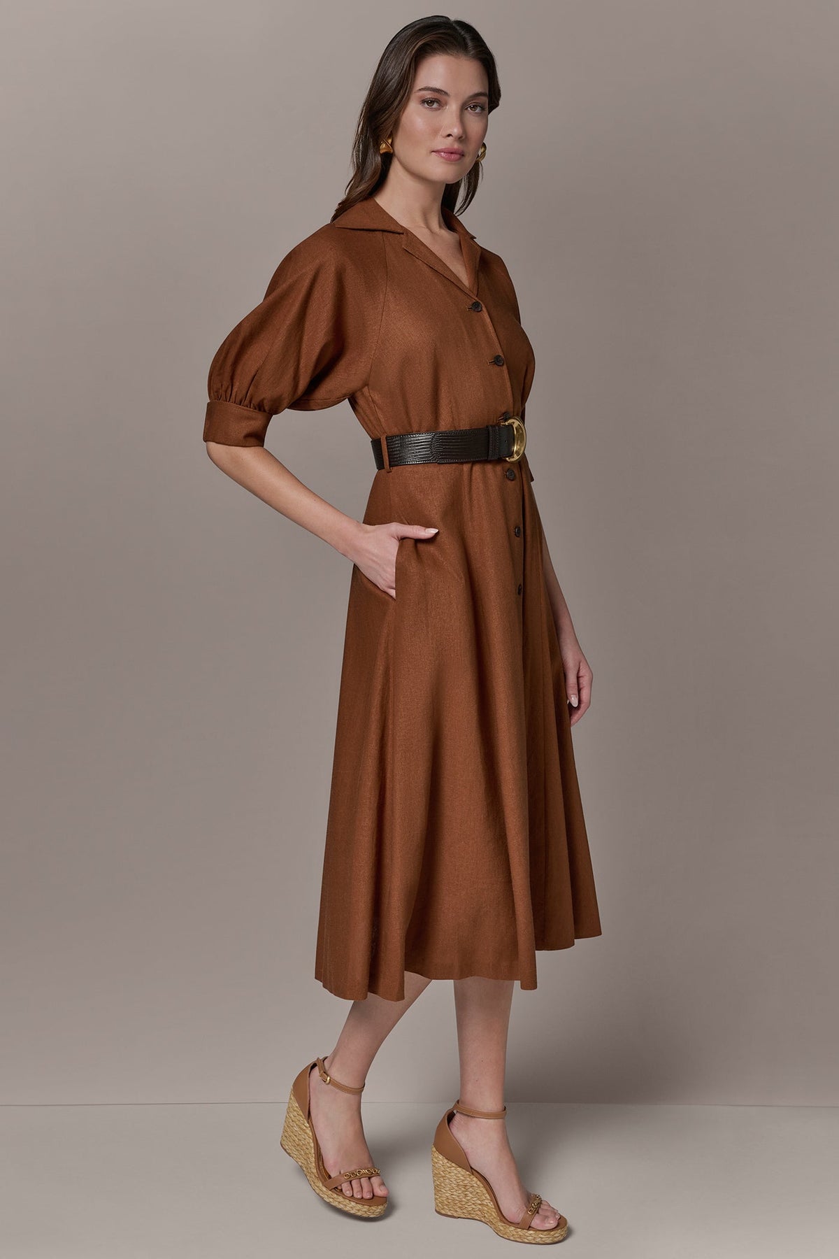 LINEN-BLEND MIDI SHIRT DRESS - Cognac