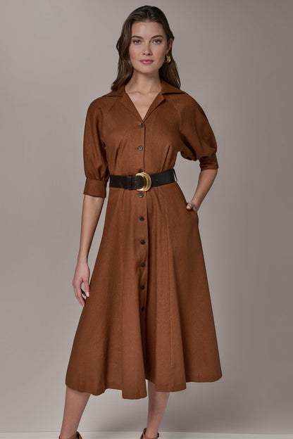 LINEN-BLEND MIDI SHIRT DRESS - Cognac