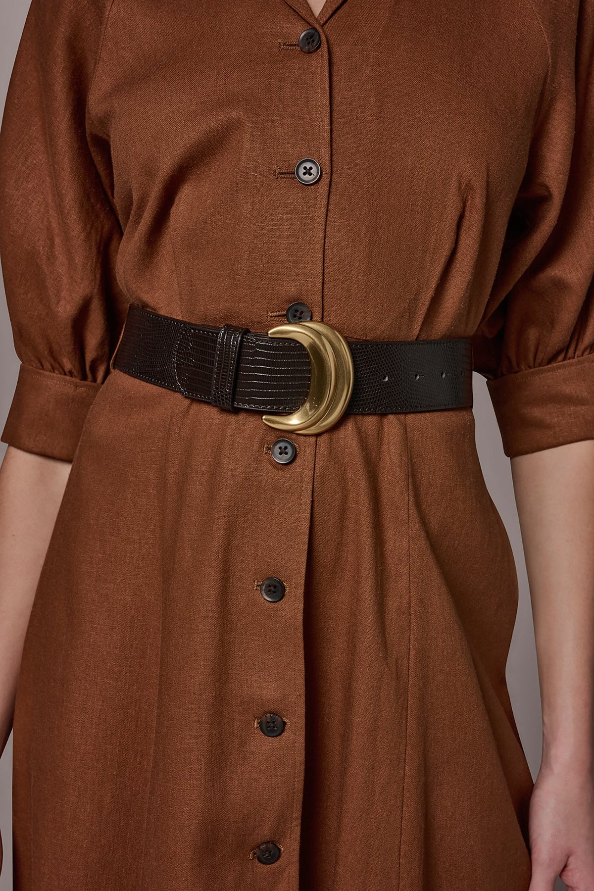 LINEN-BLEND MIDI SHIRT DRESS - Cognac