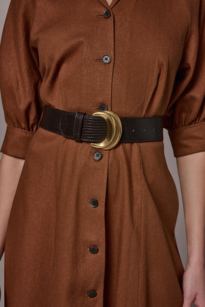 LINEN-BLEND MIDI SHIRT DRESS - Cognac