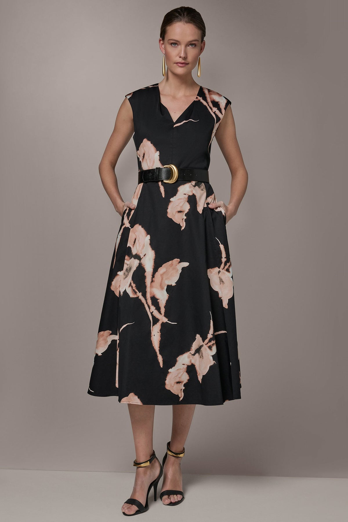 COTTON-SATEEN FLORAL MIDI DRESS - BLACK MULTI